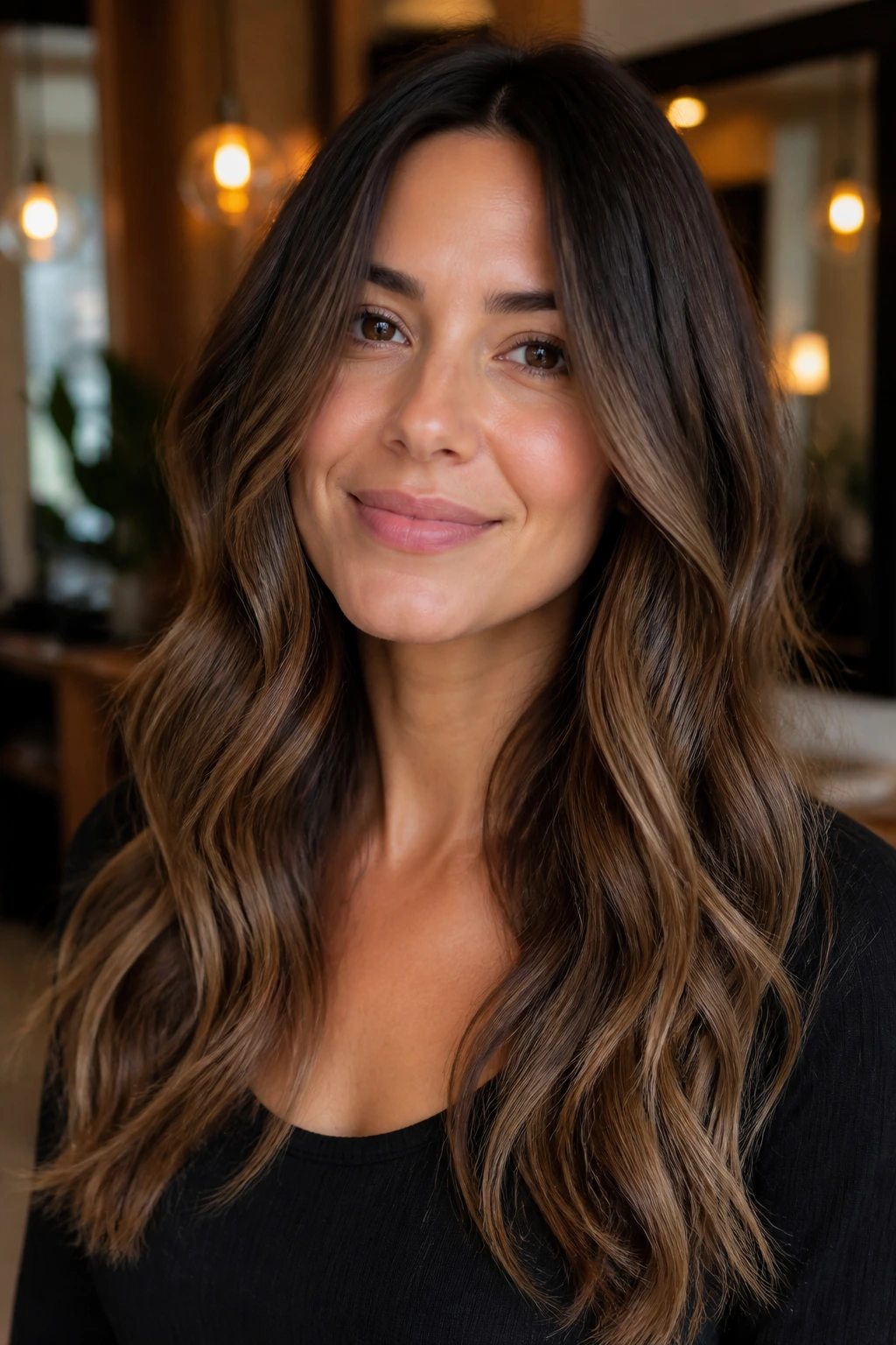 Close-up portrait of a real woman with espresso balayage and lived-in roots.