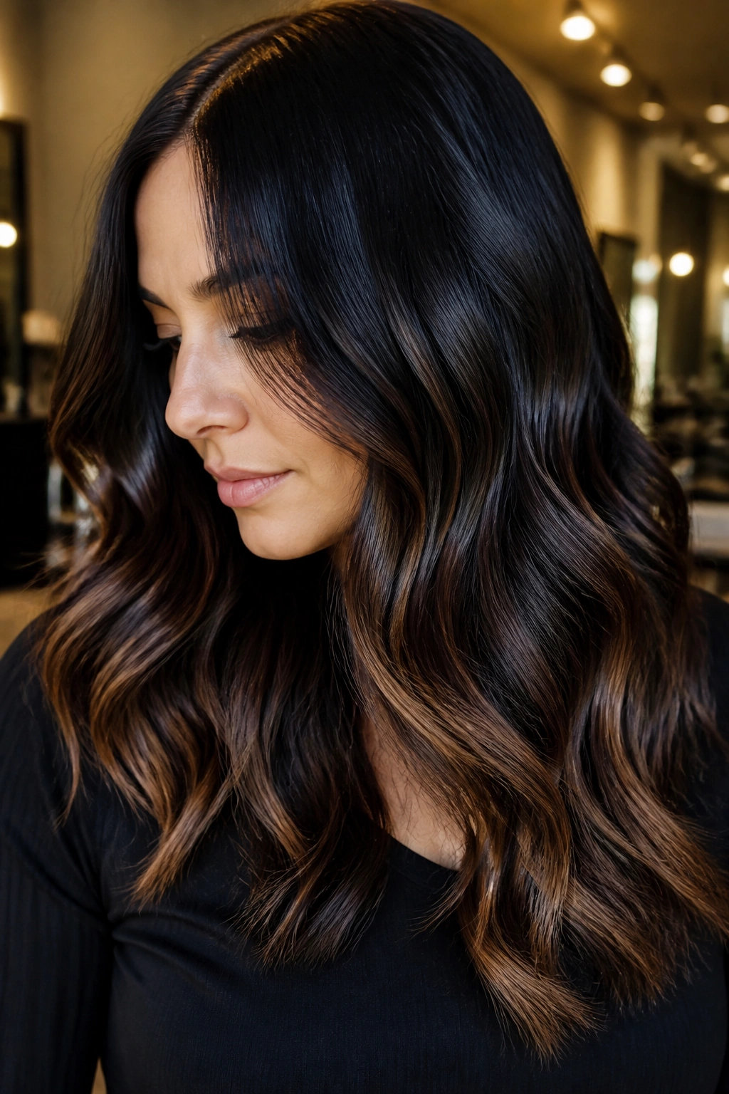 Close-up of a real person with espresso balayage featuring mocha-brown ribbons on black hair.