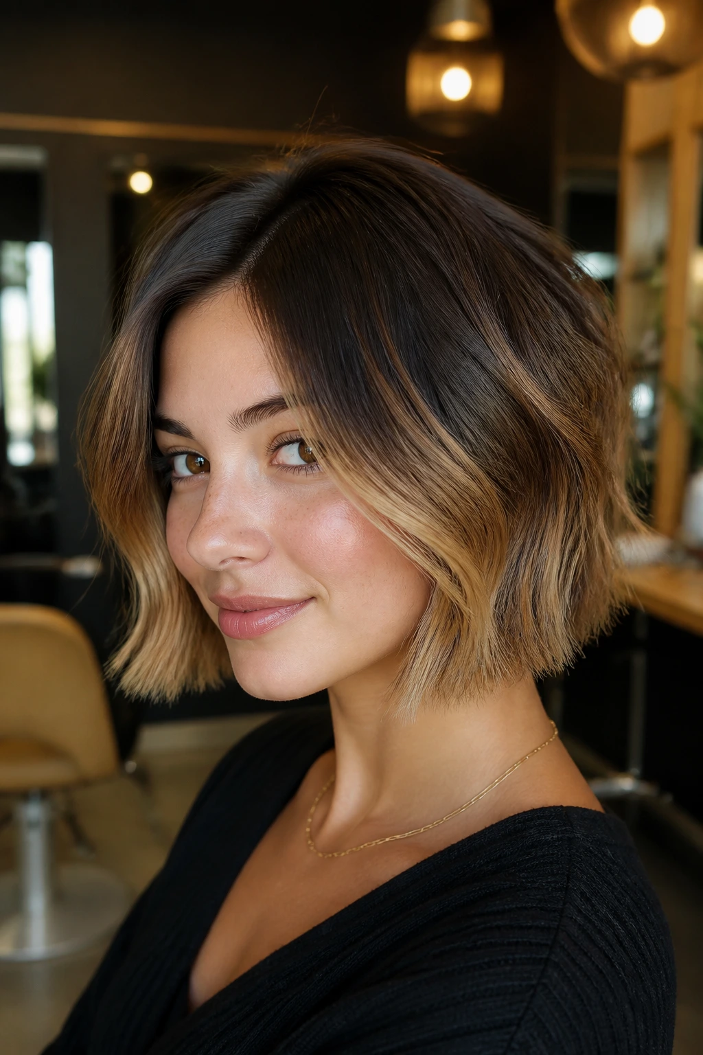 Close-up of a real person with short hair showing espresso roots and sunlit ends.