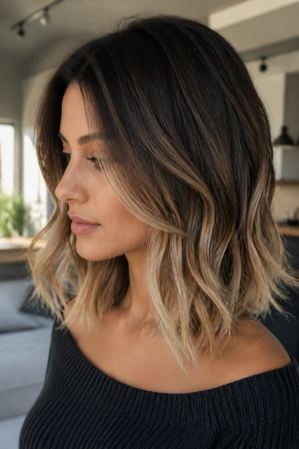 Real woman with espresso balayage and vanilla ends on shoulder-length hair