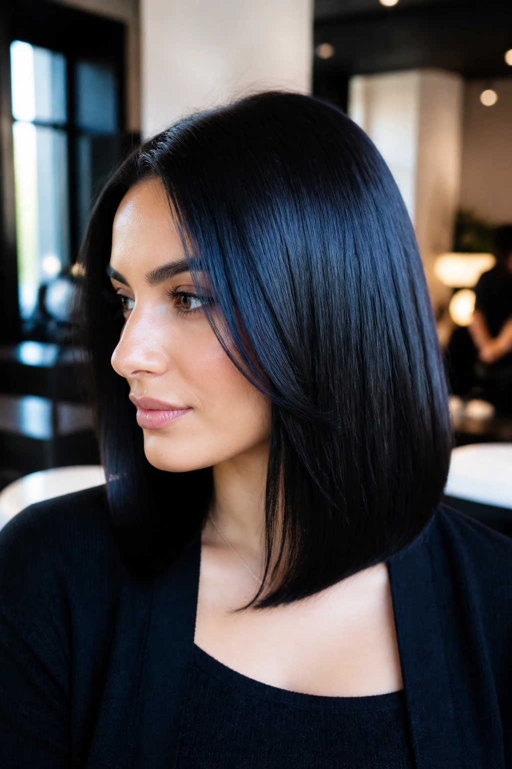 Portrait of a woman with espresso black hair showing a blue sheen under soft indoor lighting