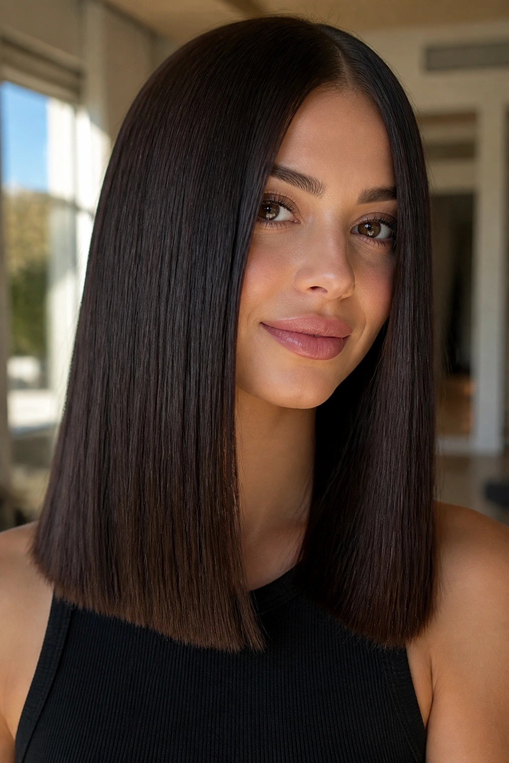 Real woman with sleek espresso long hair and blunt ends in natural light