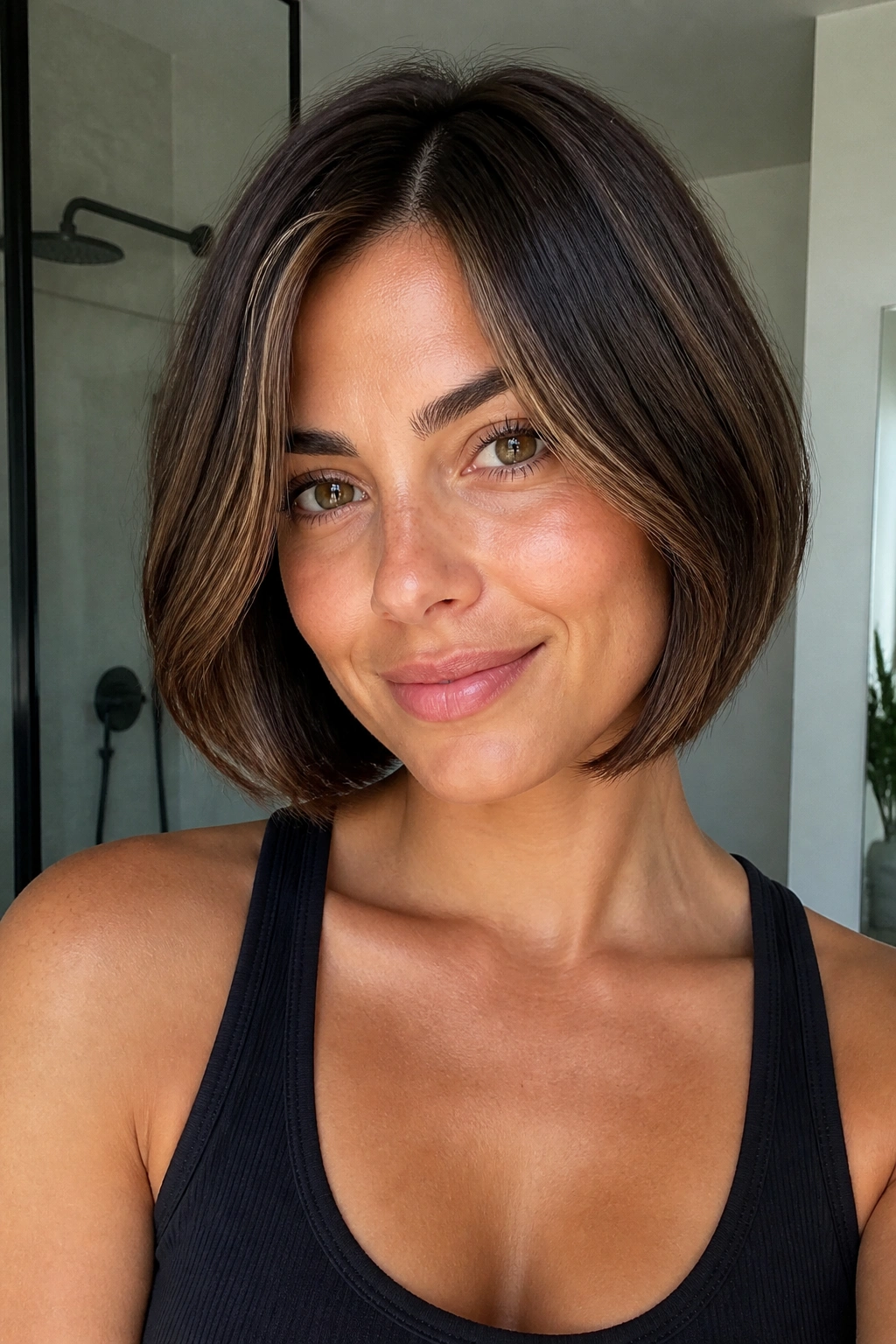 Close-up of espresso bob with micro-highlights on a real woman
