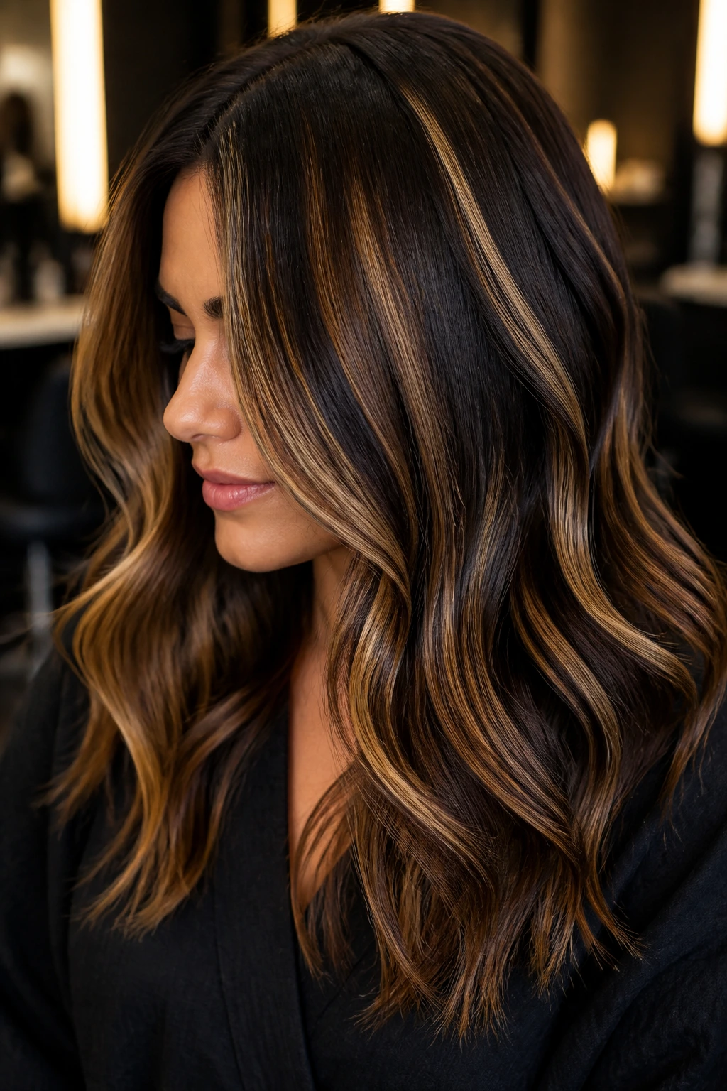Close-up of a real woman with espresso brown hair and golden caramel slices