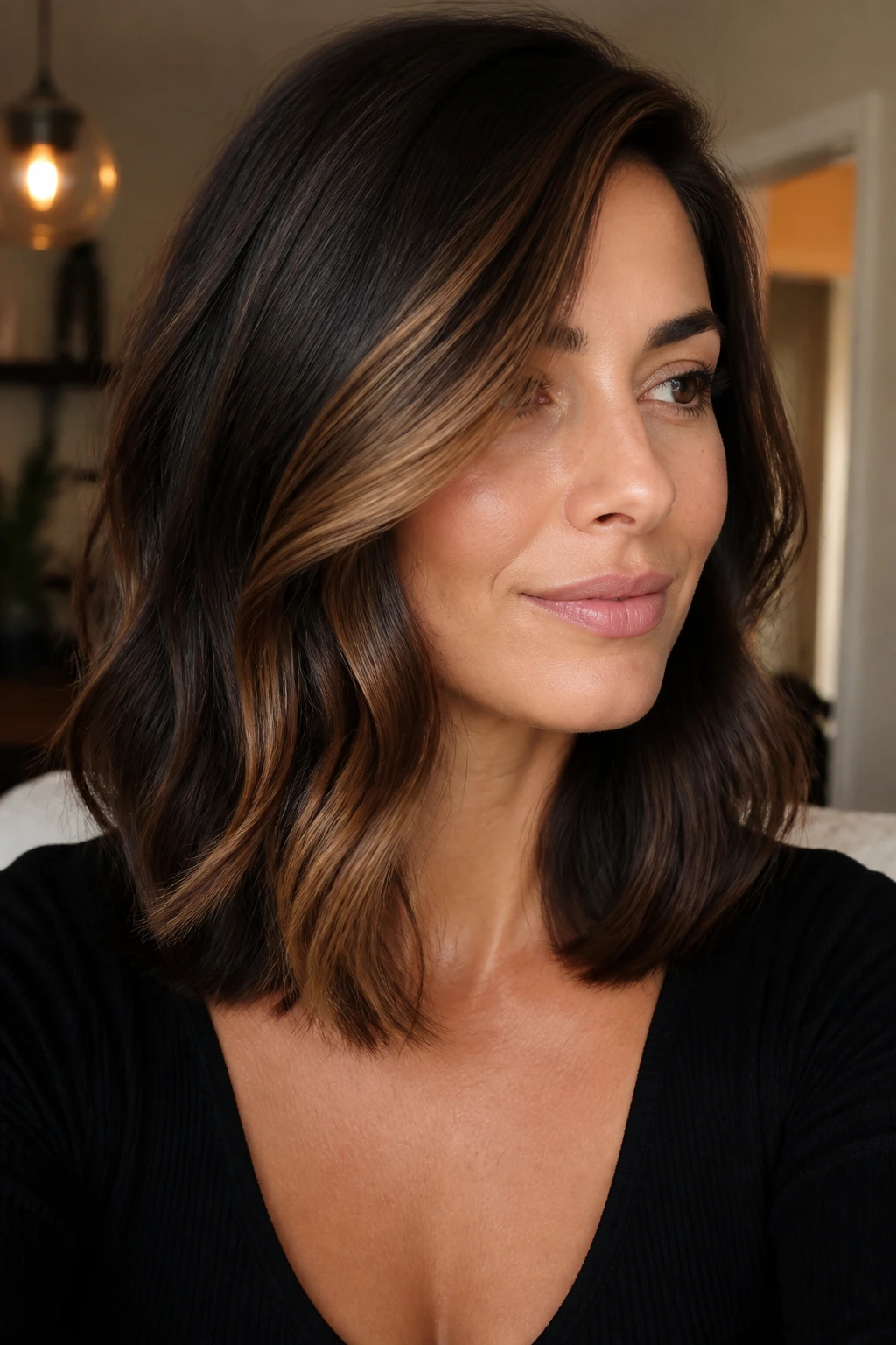 Close-up of shoulder-length espresso brown hair with smoky caramel sweep in warm light
