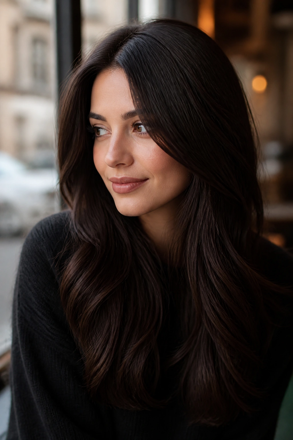 Medium close-up of espresso brown hair on a real person in a cafe setting