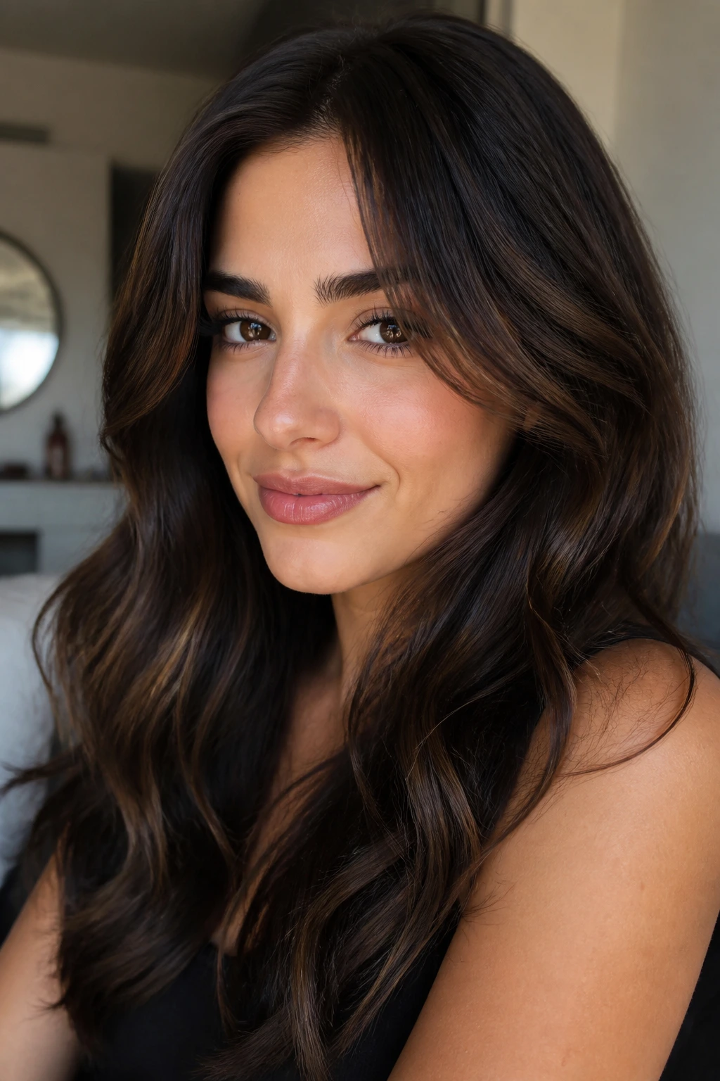 Close-up portrait of a real woman with rich espresso brown hair showing subtle dimension and glossy shine