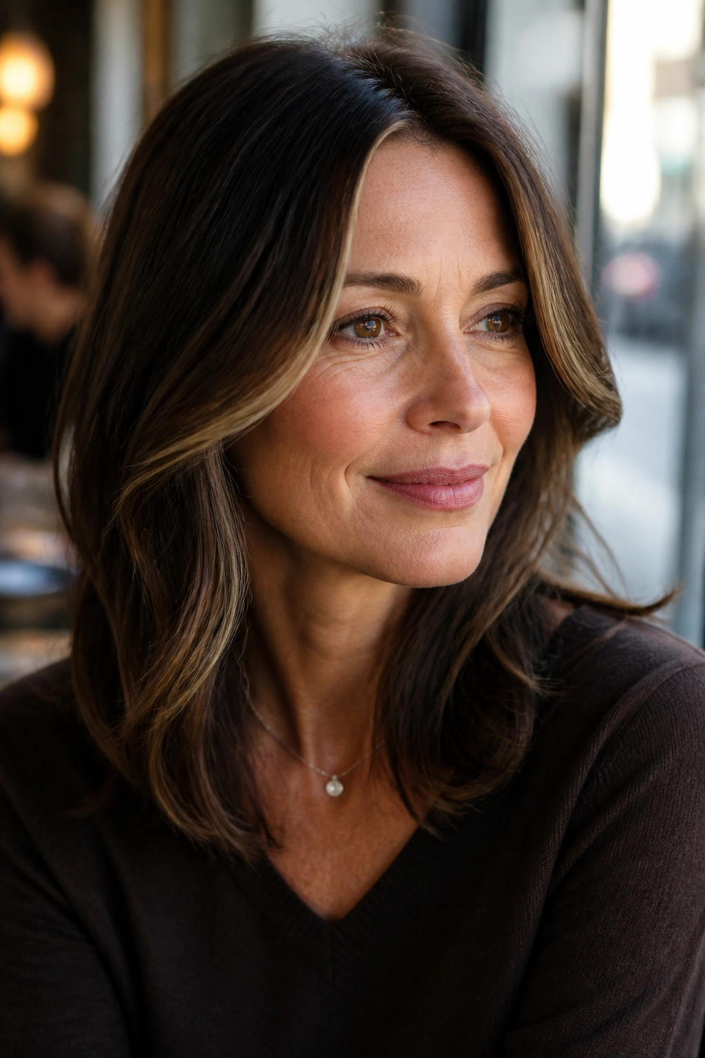 Real woman with espresso brown hair and subtle face-framing lights