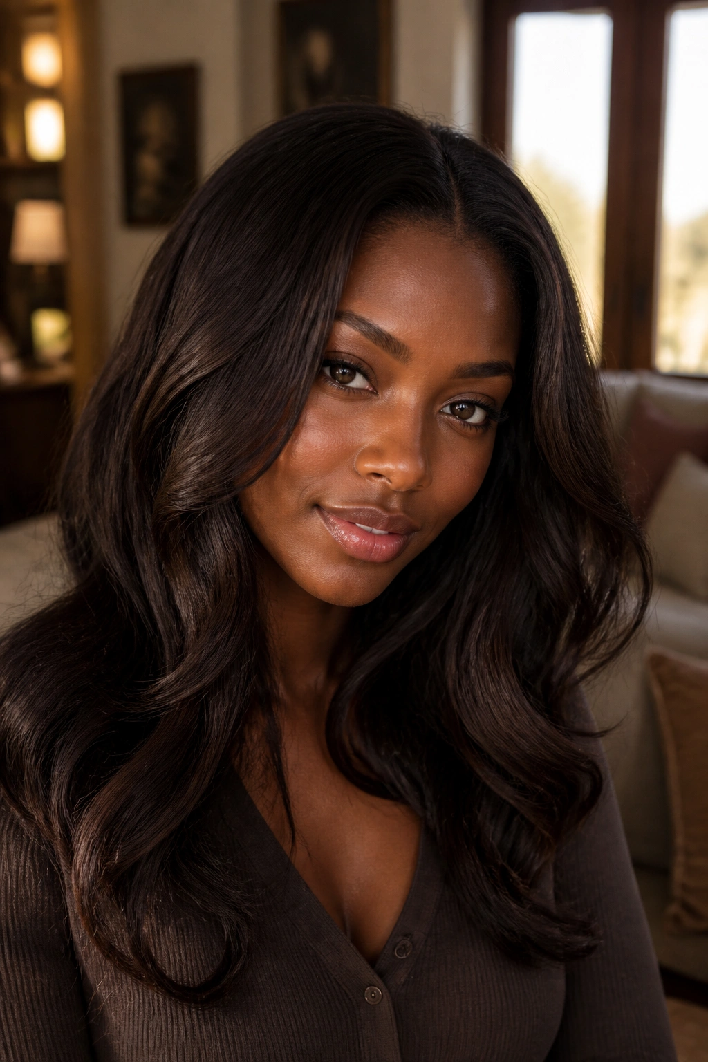 Close-up portrait of a real woman with espresso brown hair in warm window light