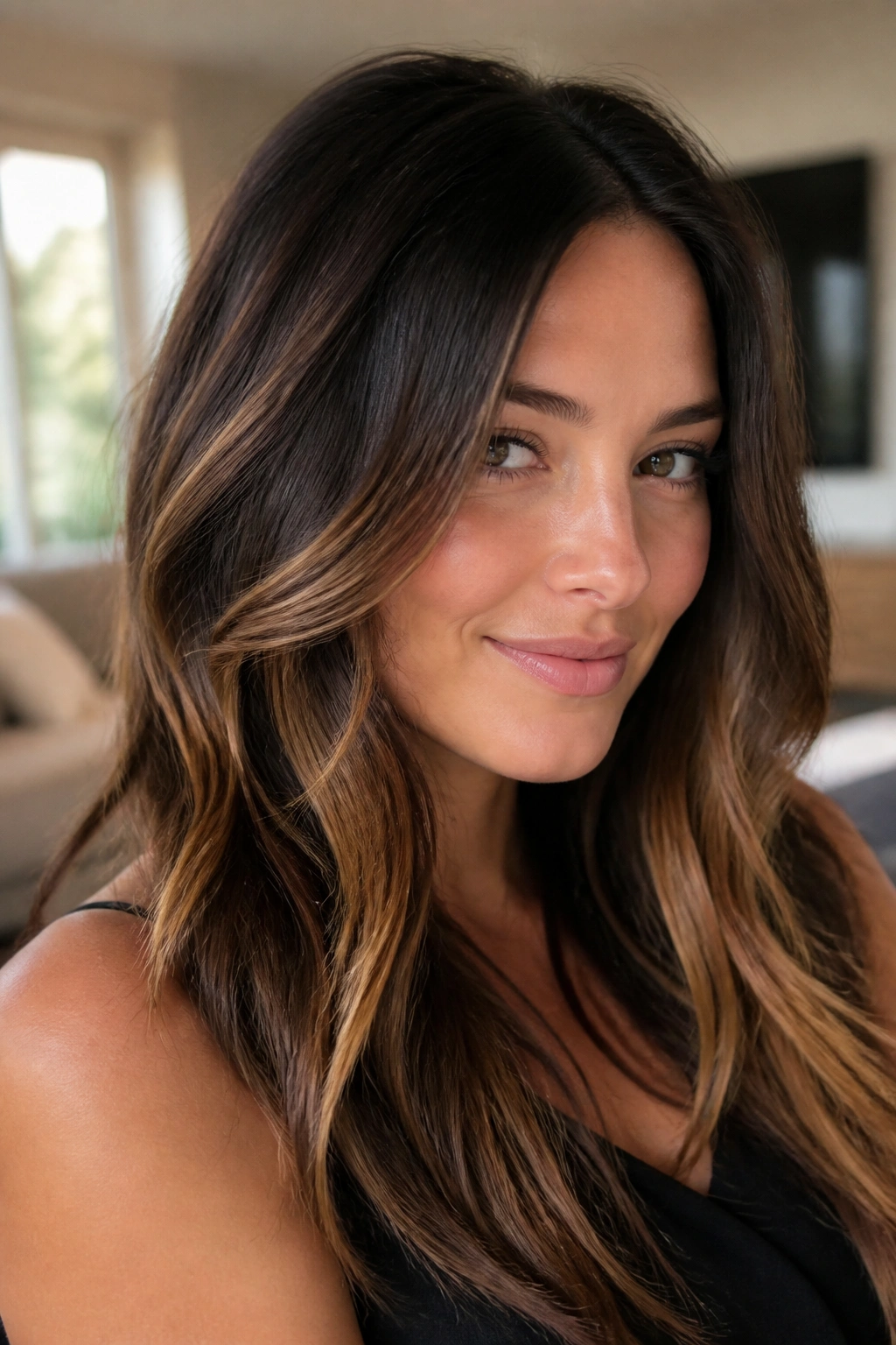 Close-up portrait of a real woman with espresso-brown hair and honey ends under warm window light.