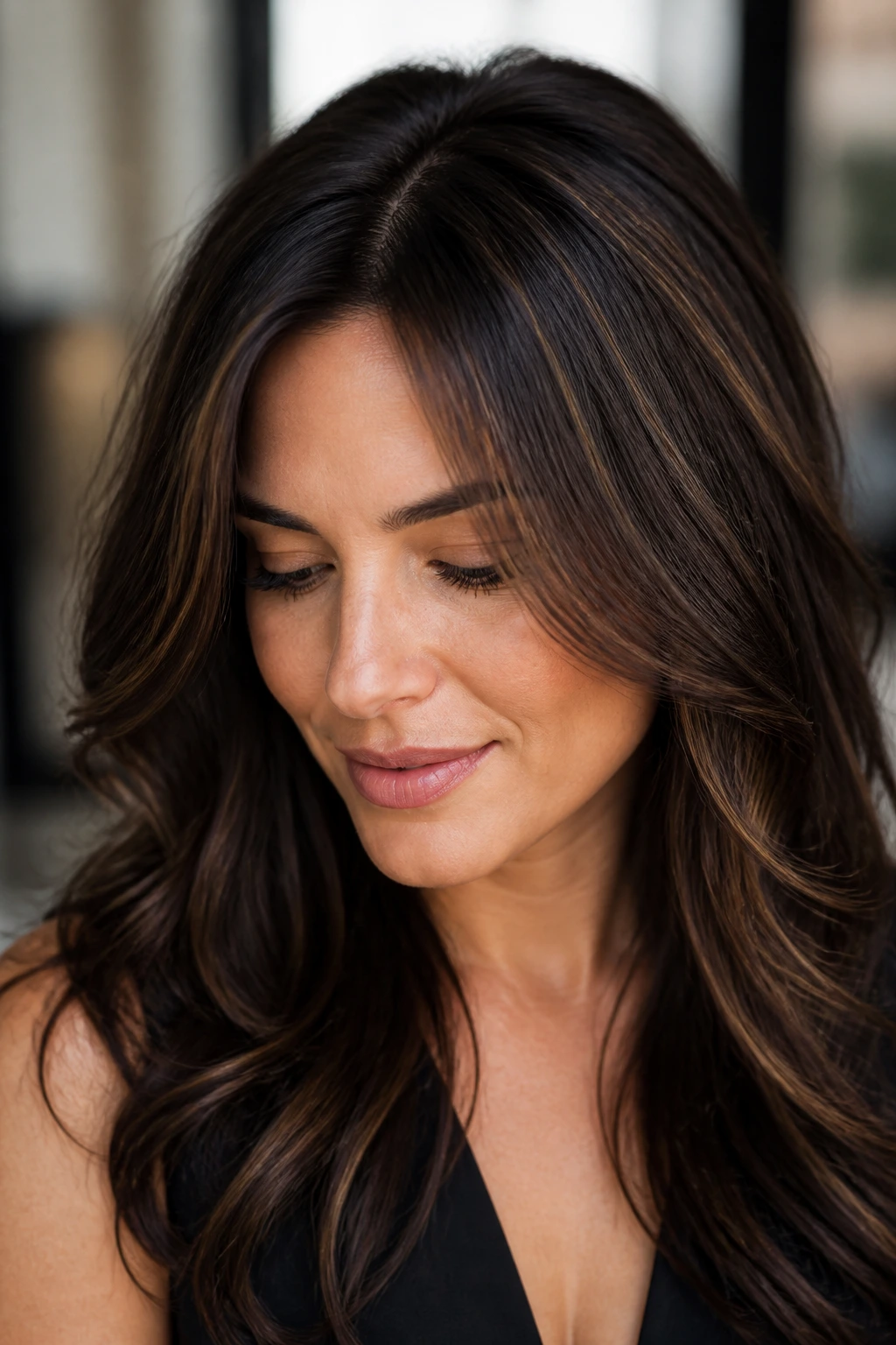 Close-up portrait of a real woman with espresso brown hair and mocha threads in soft window light