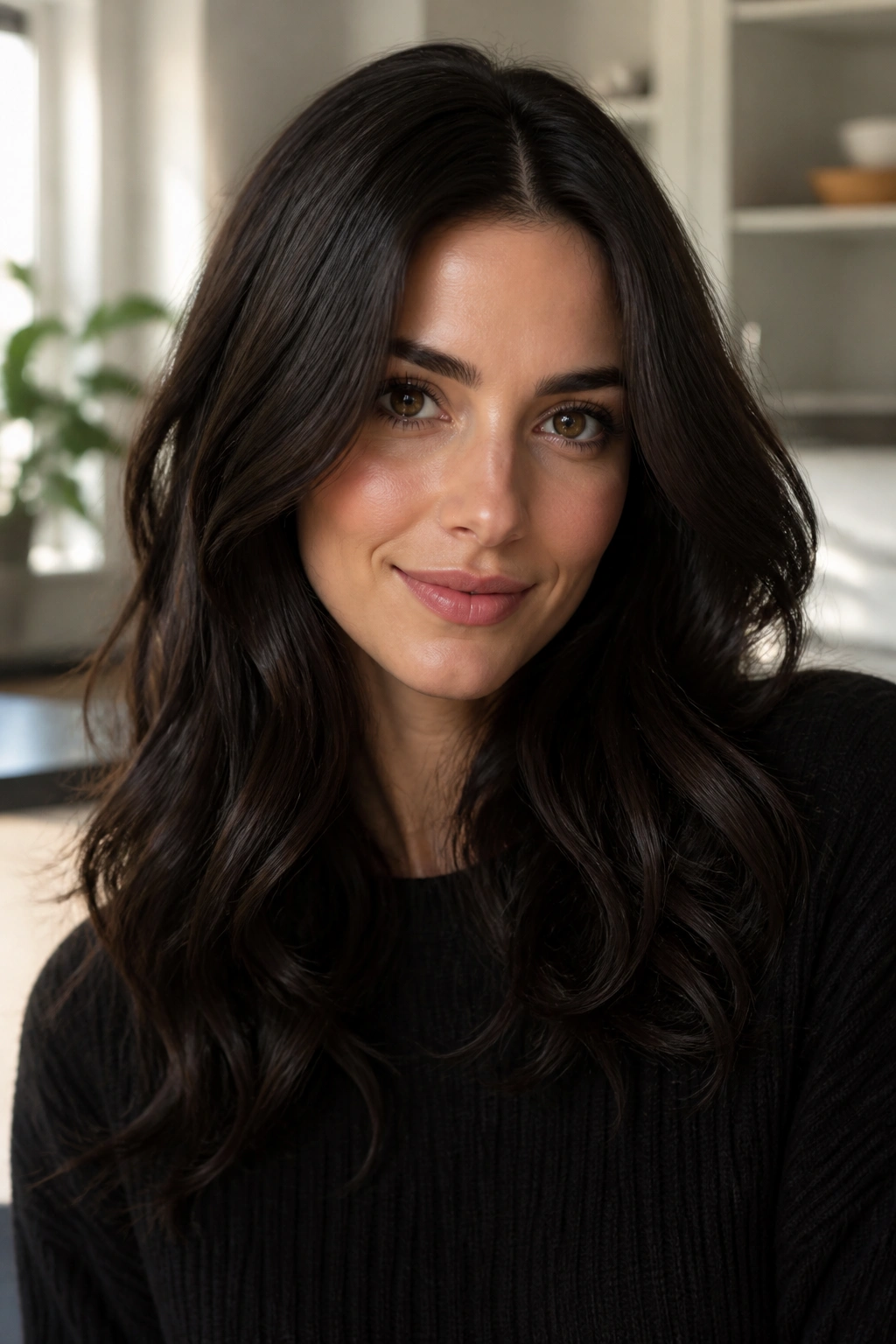 Close-up portrait of a real woman with espresso brown hair in a kitchen morning light
