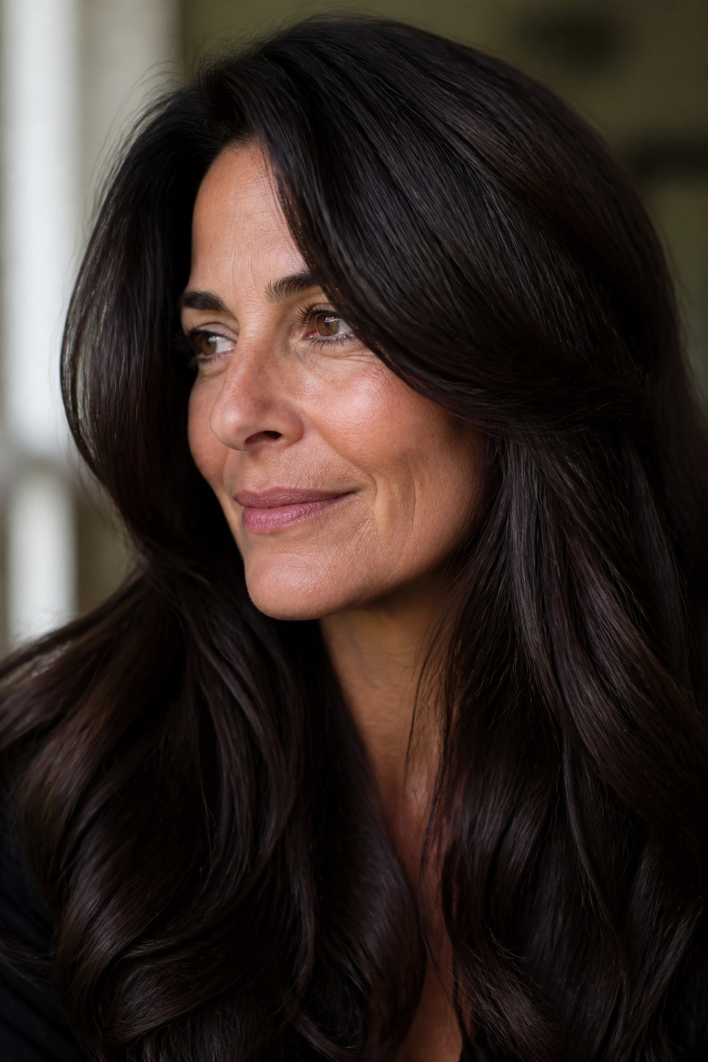 Close-up of deep espresso brown hair with high shine on a real person