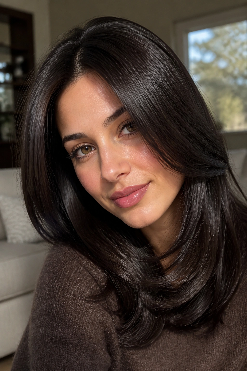 Close-up of a real woman with glossy espresso brown hair catching light