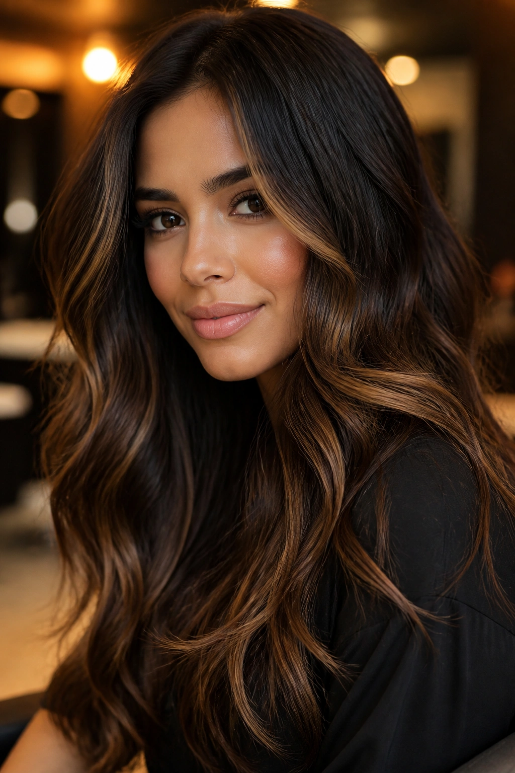 Real woman with espresso hair and caramel ribbons in long waves