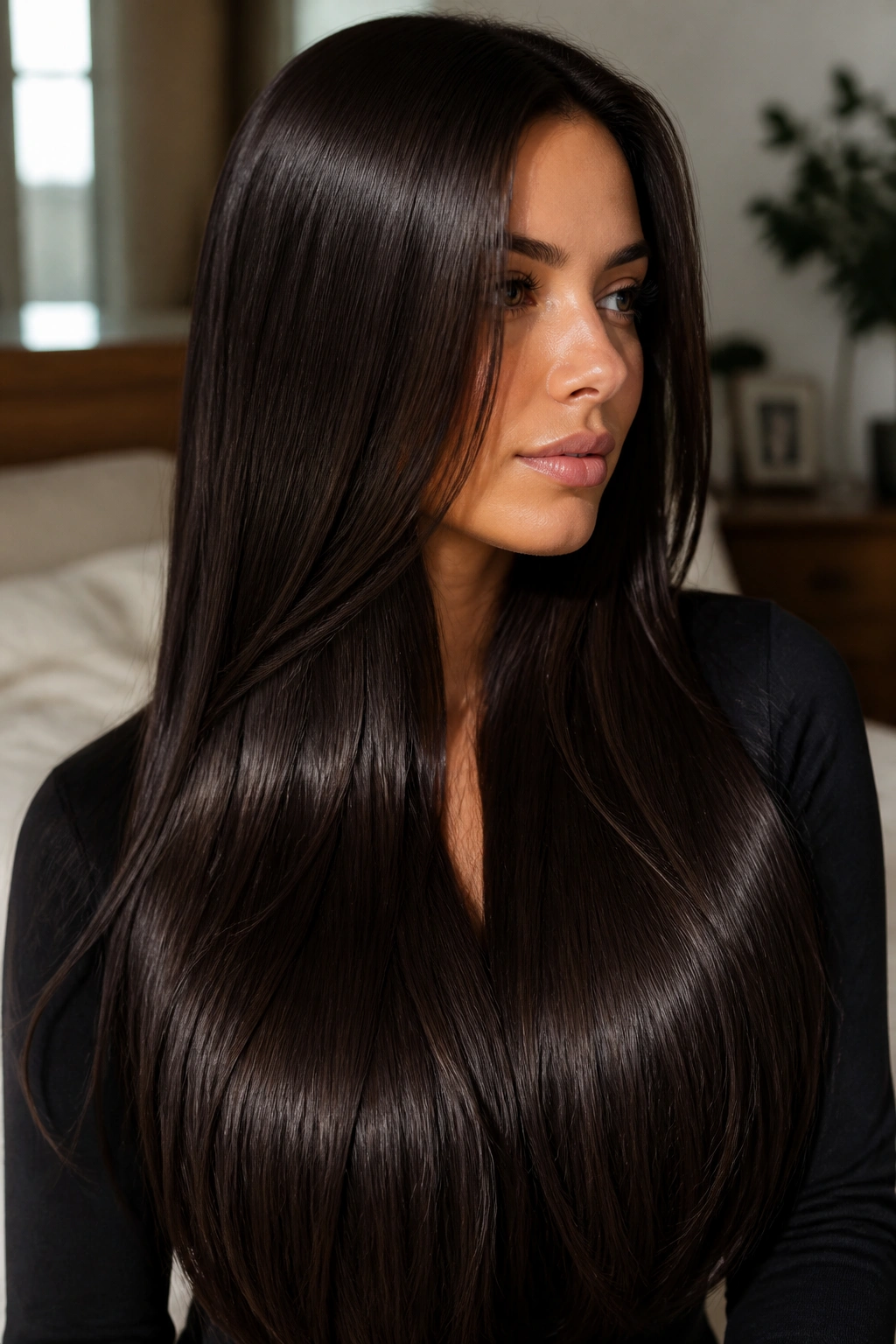 Close-up of a woman with deep espresso brunette hair and high-gloss shine