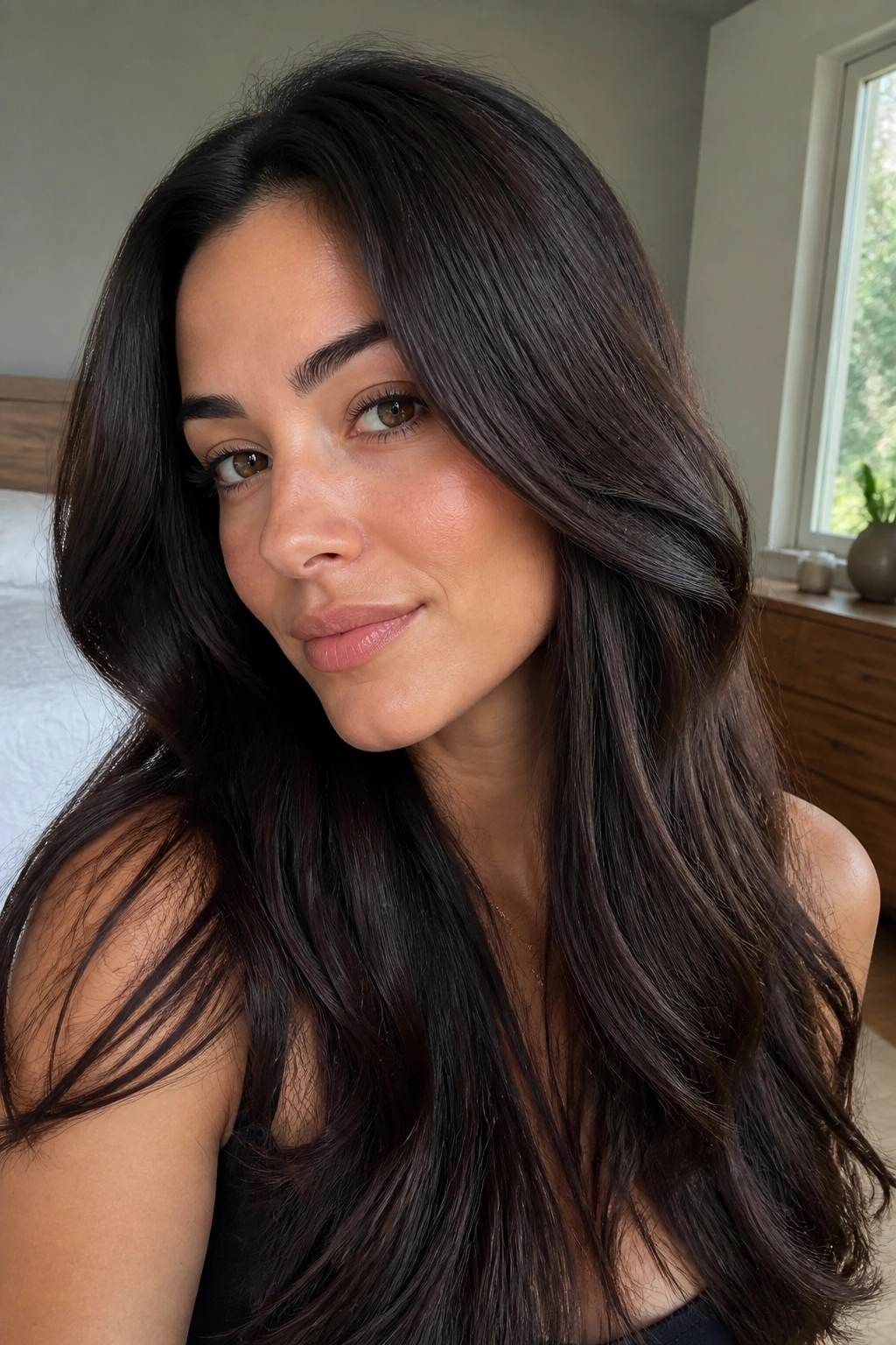 Close-up portrait of a real woman with espresso brunette glossy hair in natural window light