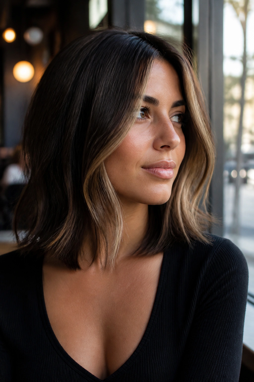 Portrait of woman with espresso brown hair and face-framing money piece