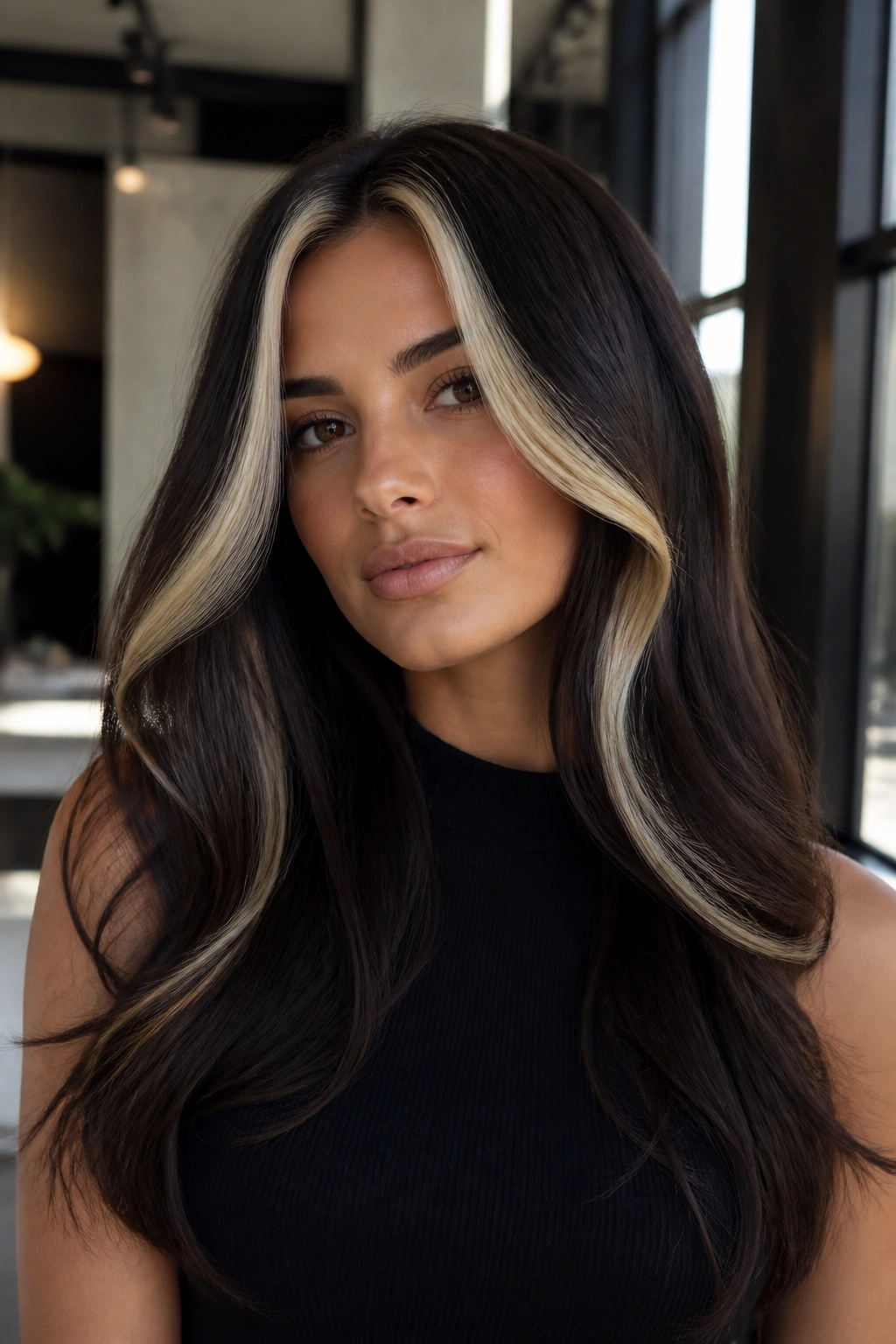 Espresso brunette with platinum money piece and shadow root