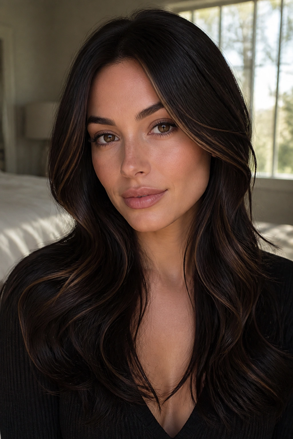 Close-up portrait of a real woman with espresso brunette hair and cheekbone ribbons