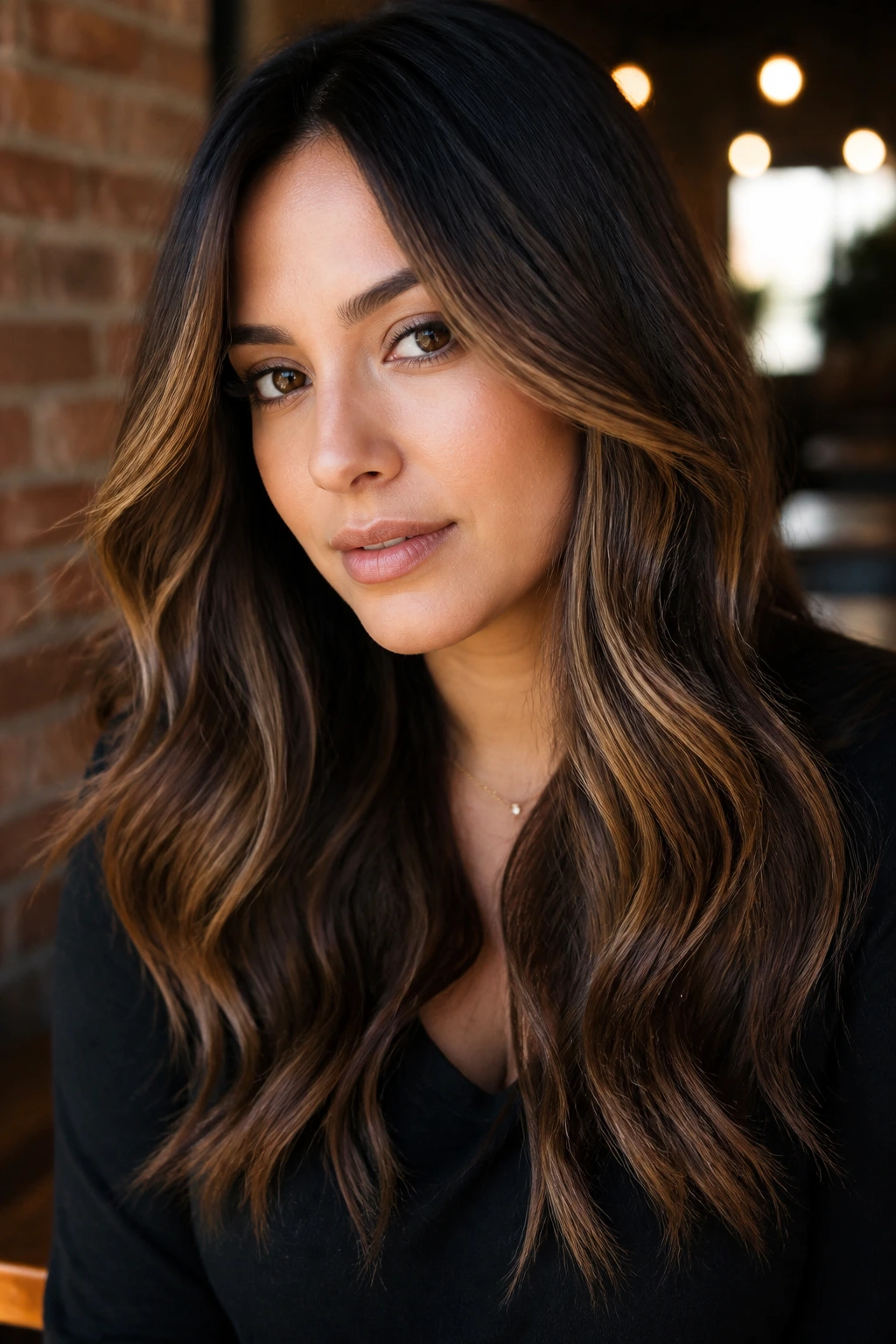 Portrait of a woman with espresso base and caramel balayage ribbons framing the face.