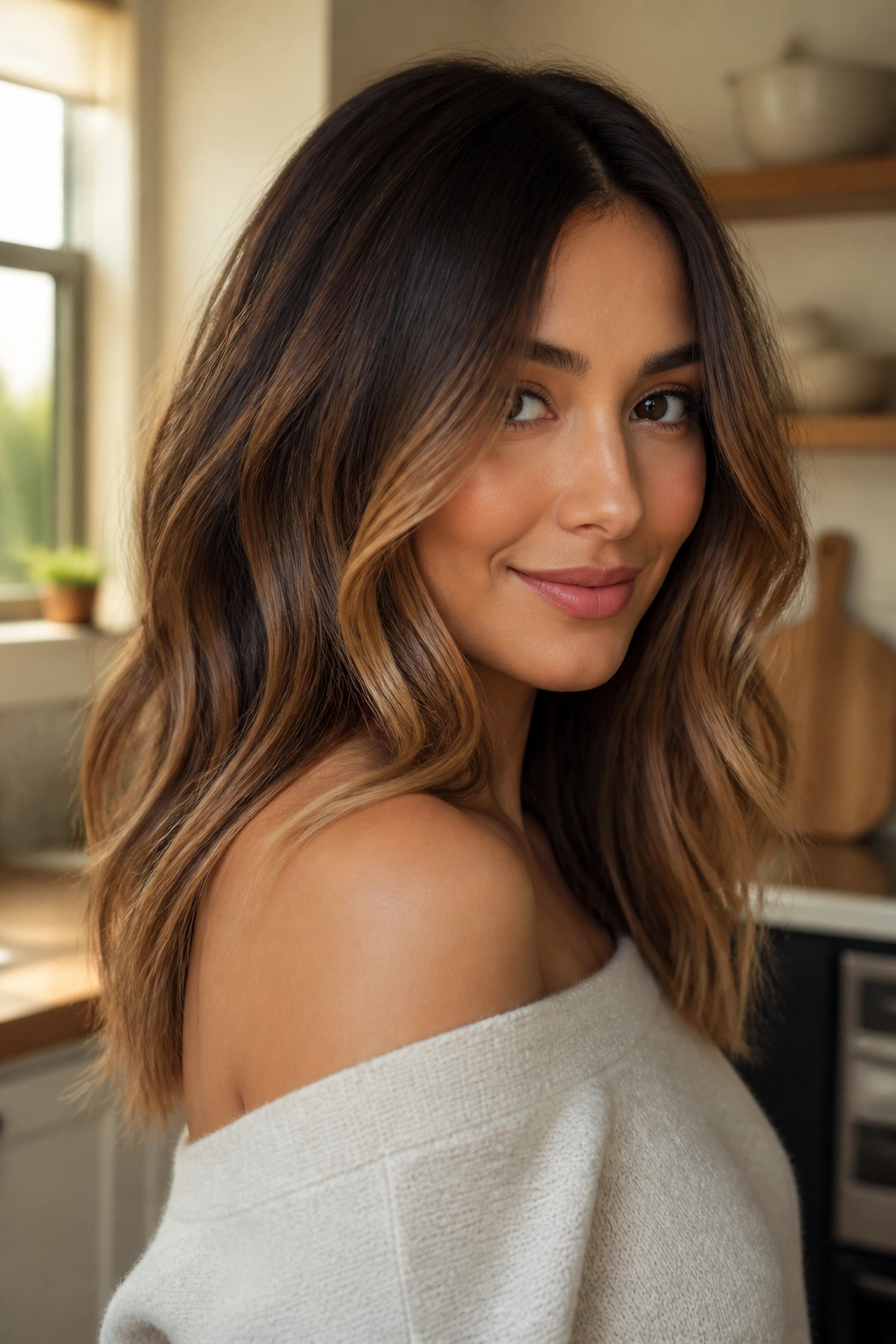 Close-up of a real woman with espresso to caramel ombre on medium-length layered hair