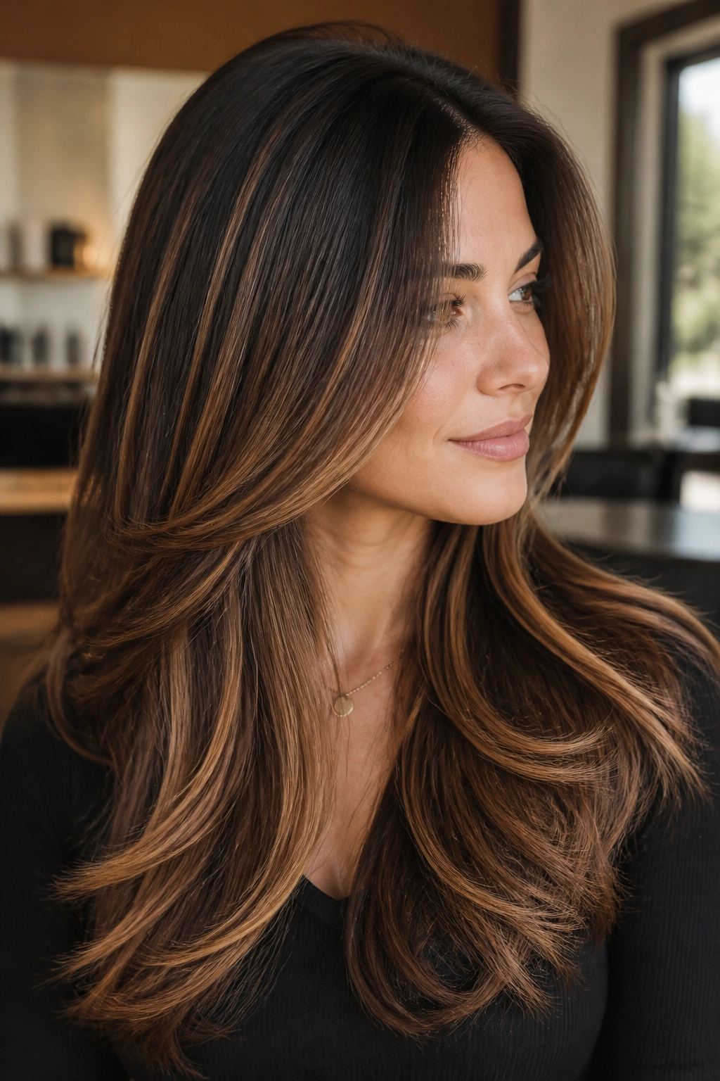 Close-up of long hair with espresso roots, chestnut mid-lengths, and caramel ribbon highlights on a real person