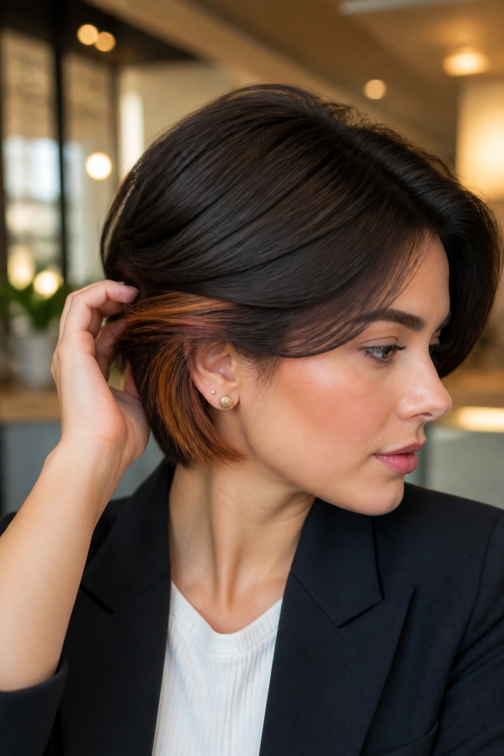 Portrait of a real person with espresso base and copper peekaboo panels in hair.