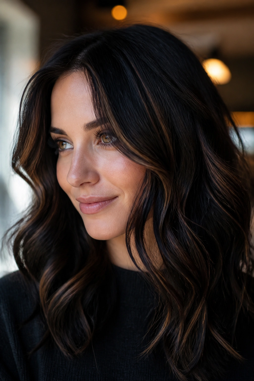 Close-up of dark hair with thin mocha highlights framing the face