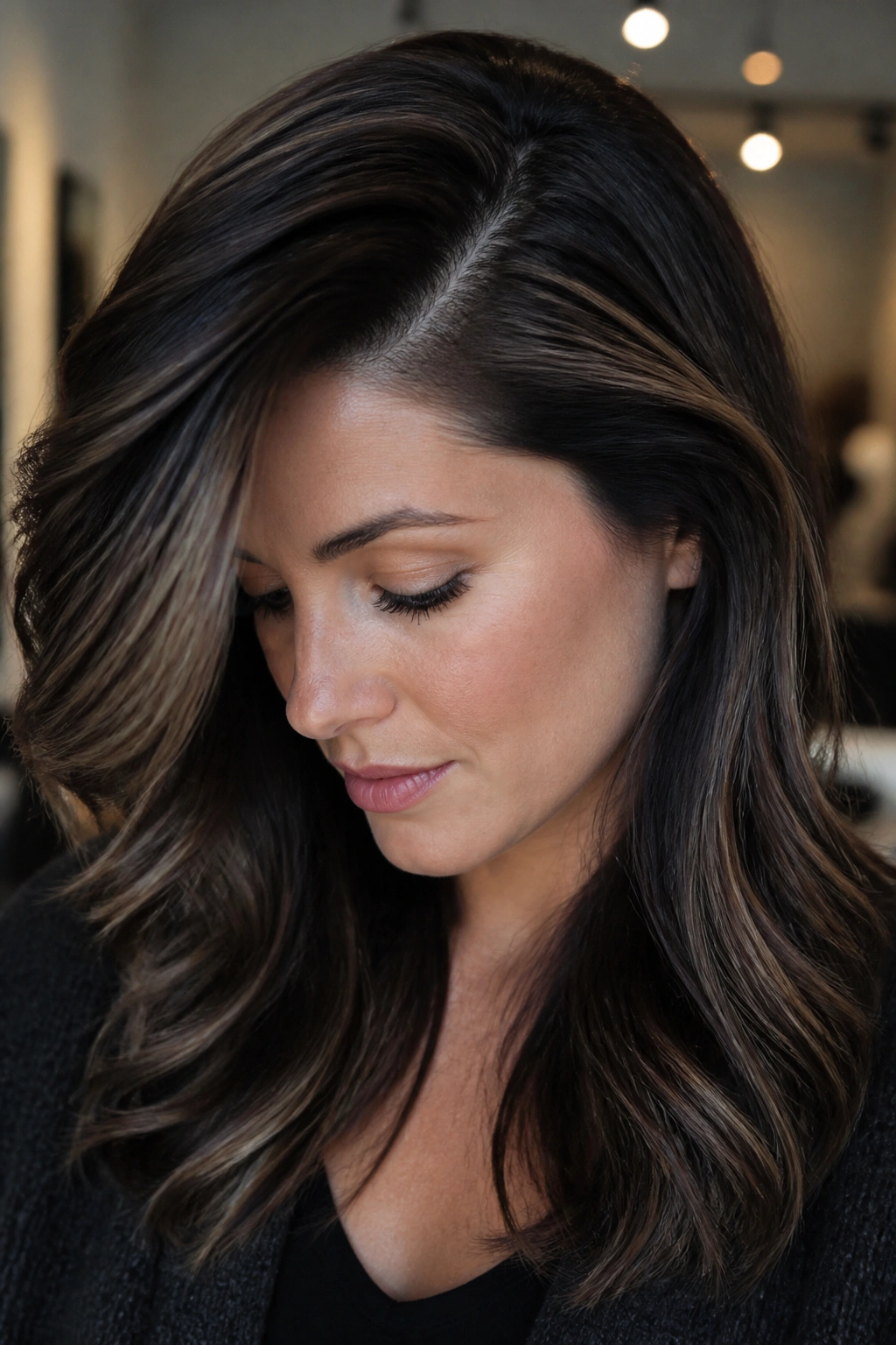 Portrait showing a deep side part with espresso depth and sand ribbons.
