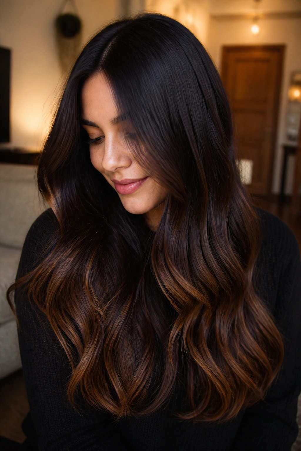 Close-up of woman with espresso hair and bronze ends in warm indoor light
