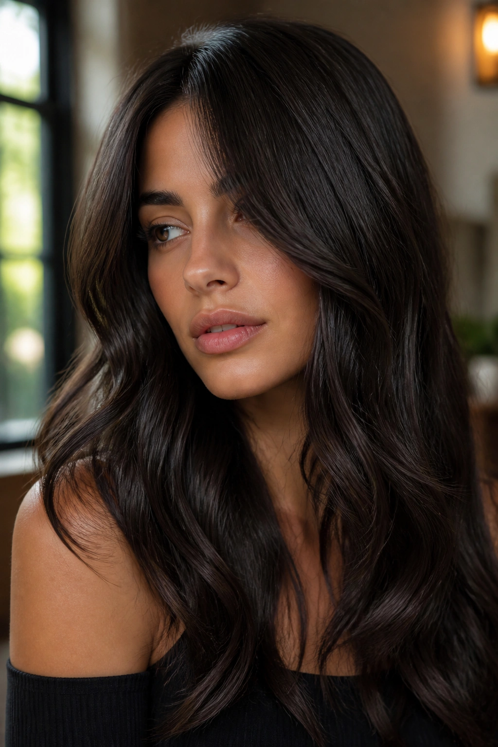 Close-up portrait of a real woman with deep glossy espresso glaze hair showing depth and shine