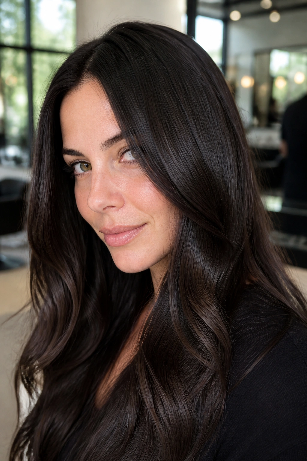 Close-up portrait of a woman with glossy espresso brown hair in a modern salon setting