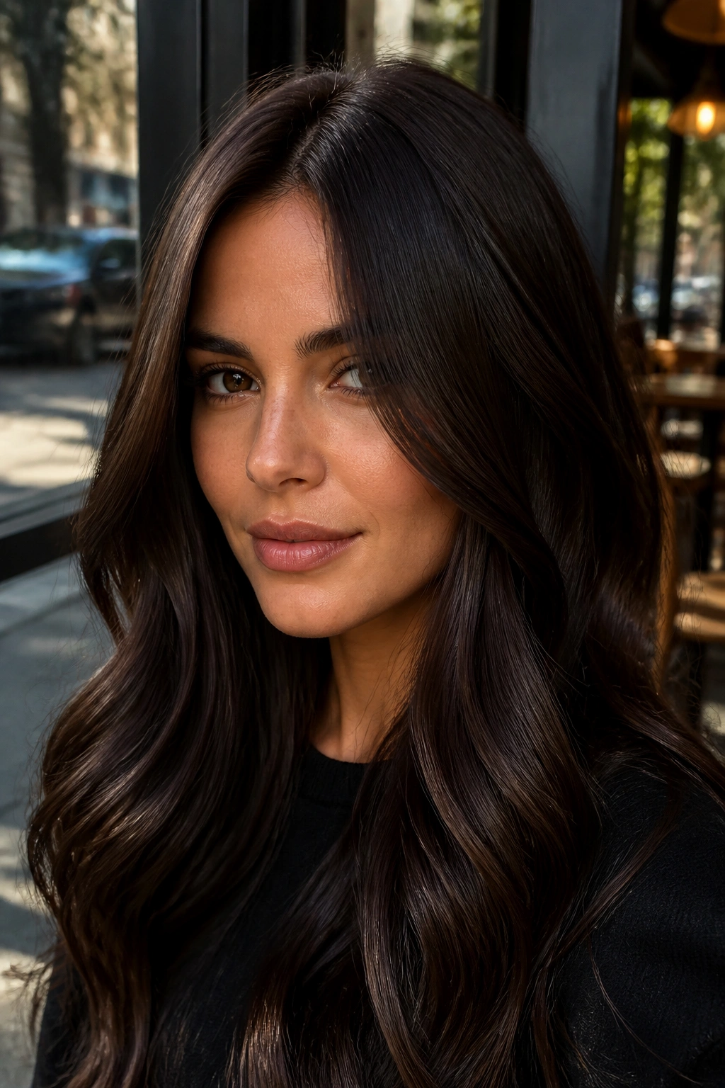 Close-up portrait of a real woman with espresso gloss shiny brunette hair