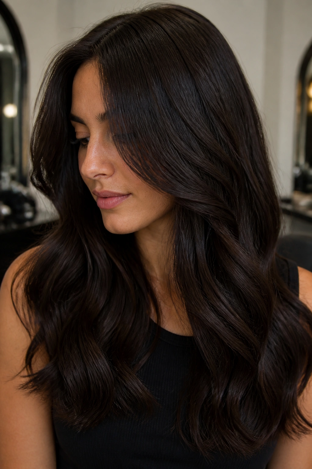 Close-up of a woman with espresso gloss on brunette hair
