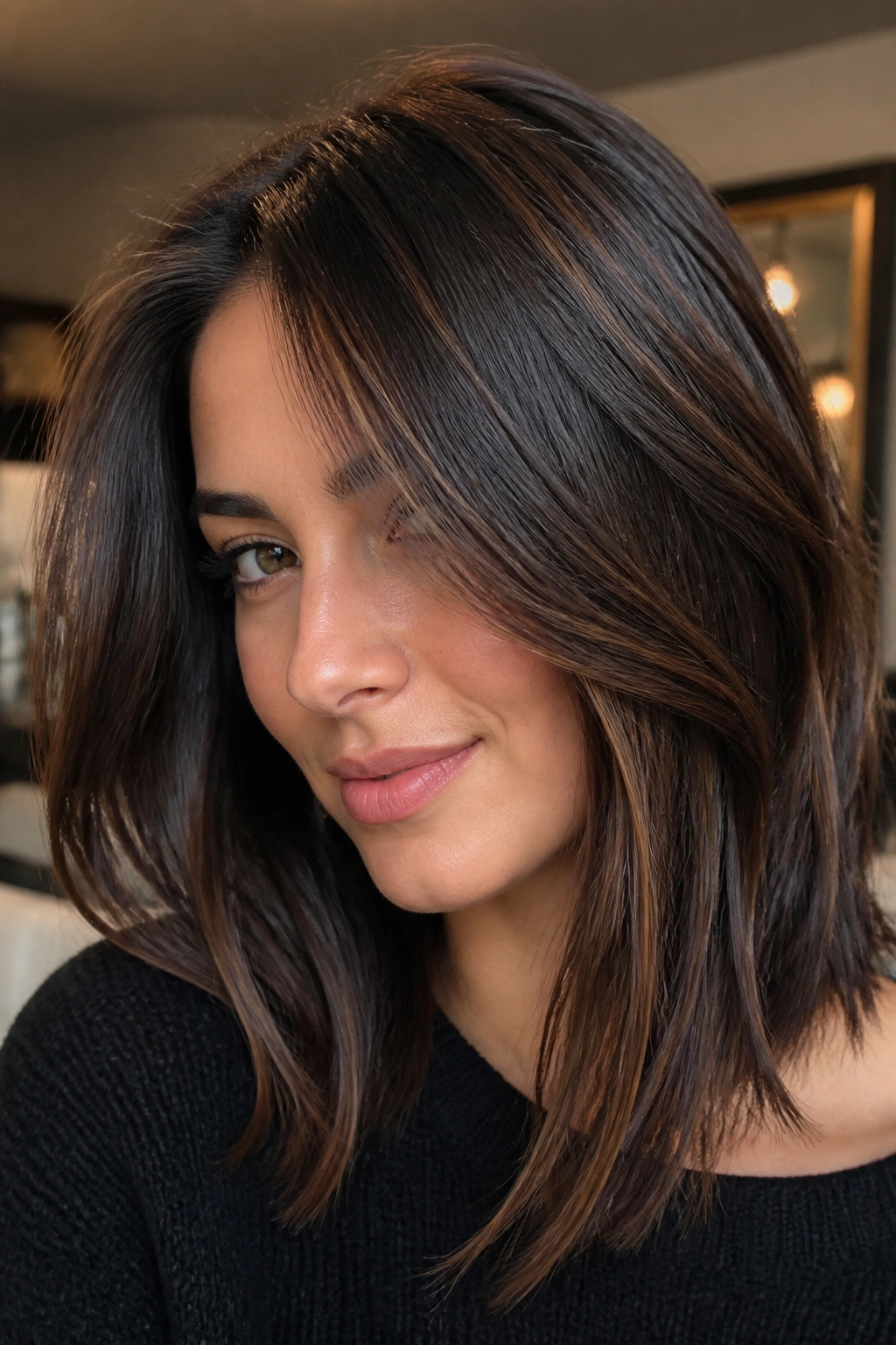 Close-up of espresso-brown hair with cinnamon thread highlights