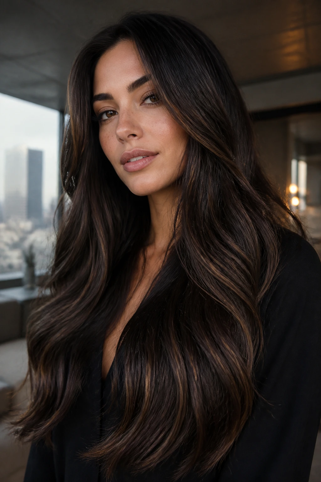 Close-up portrait of a real woman with espresso gloss and mocha ribbons in long hair