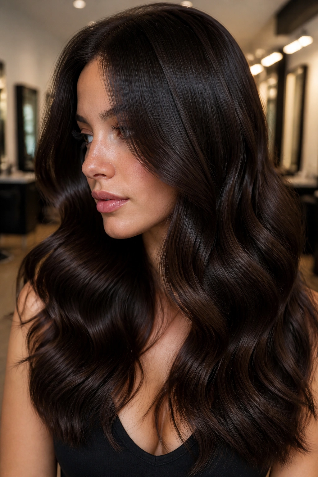 Close-up of a real woman with espresso brown glossy waves and rich shine