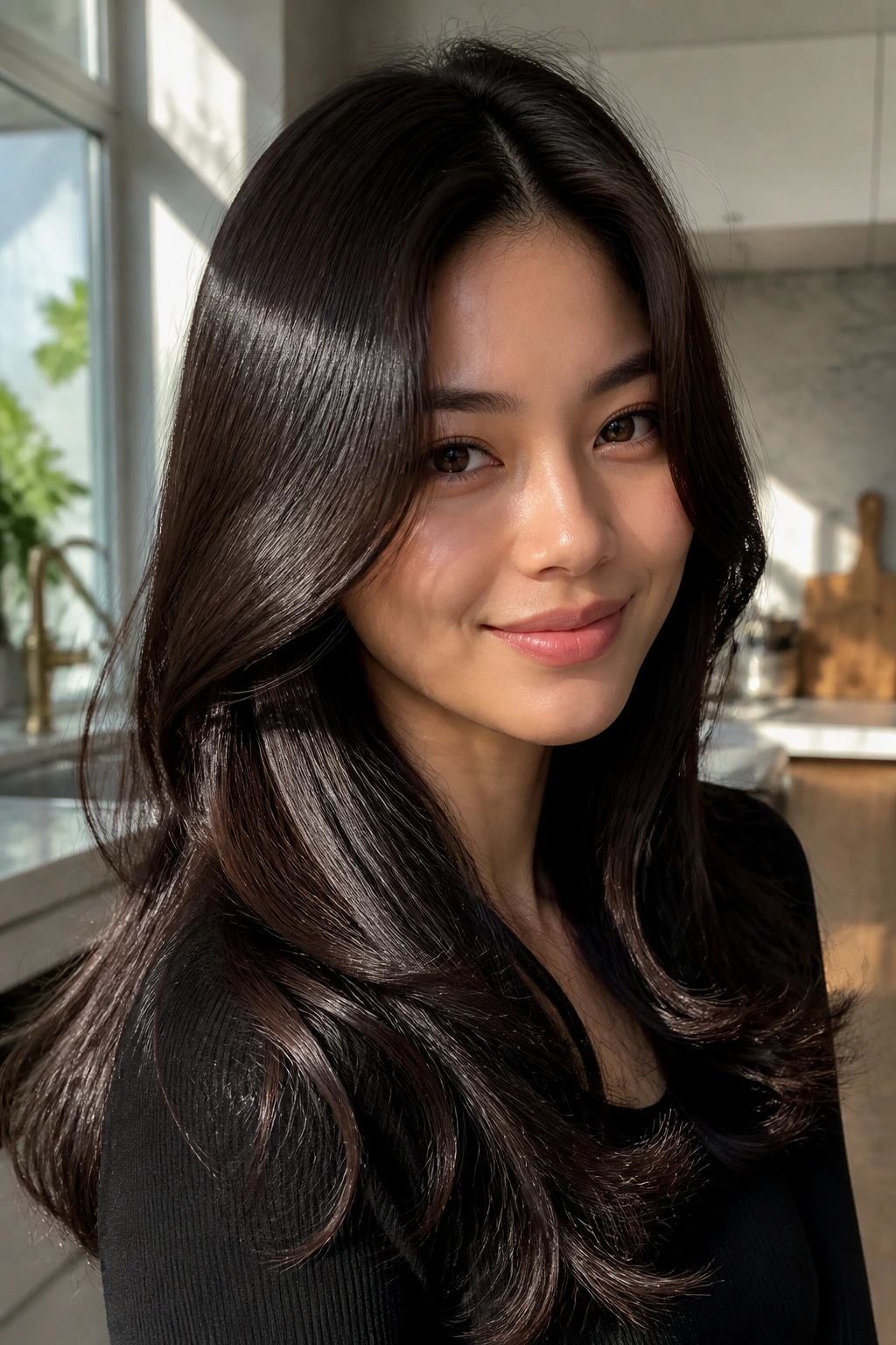 Close-up of a real woman with espresso hair and mirror-like shine