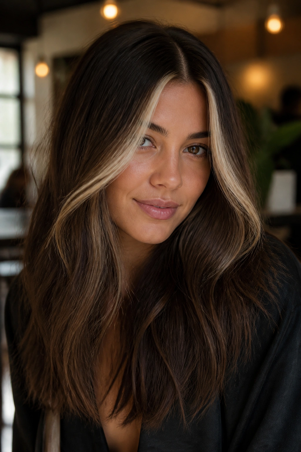 Portrait of long dark hair with a bright money piece framing the face.