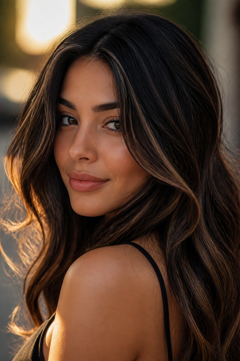 Espresso hair with thin ribbon highlights on a real person