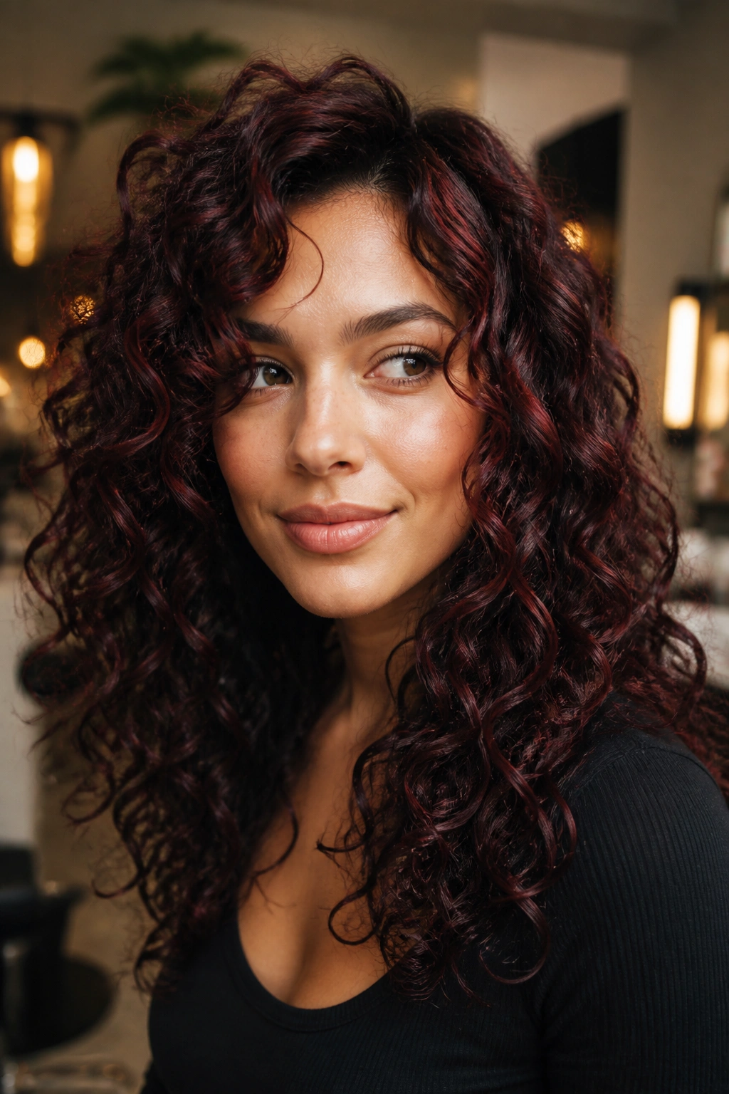 Close up of dark curls with espresso and cherry cola highlights