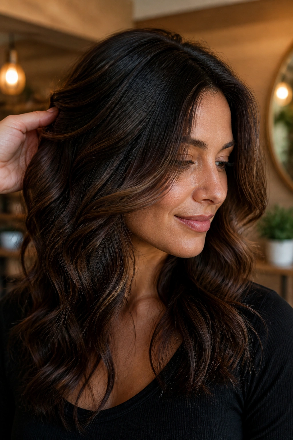 Espresso lowlights adding depth to brunette hair