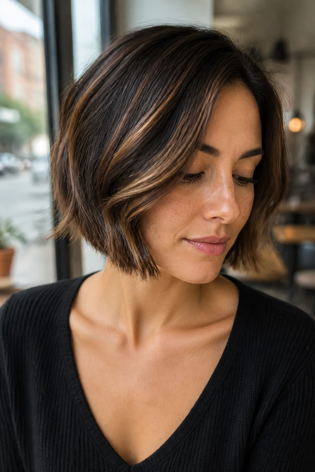 Short bob with espresso lowlights and caramel strands