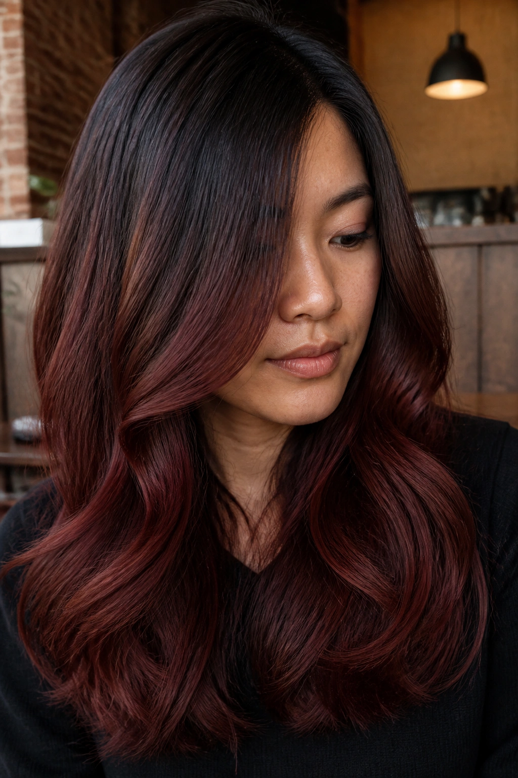 Close-up of espresso to mahogany red ombre on a real person in a cafe
