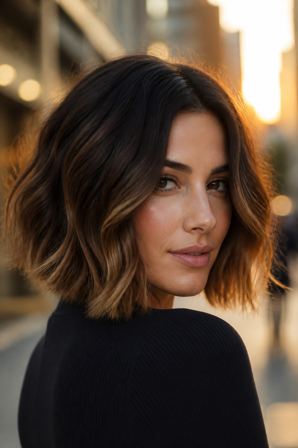 Portrait of a woman with espresso melt and caramel ends in warm golden hour light.