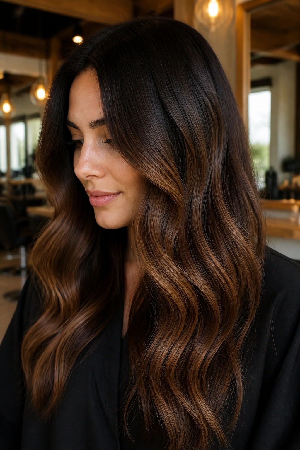 Espresso to mocha melt on brunette hair with deep root and lighter ends