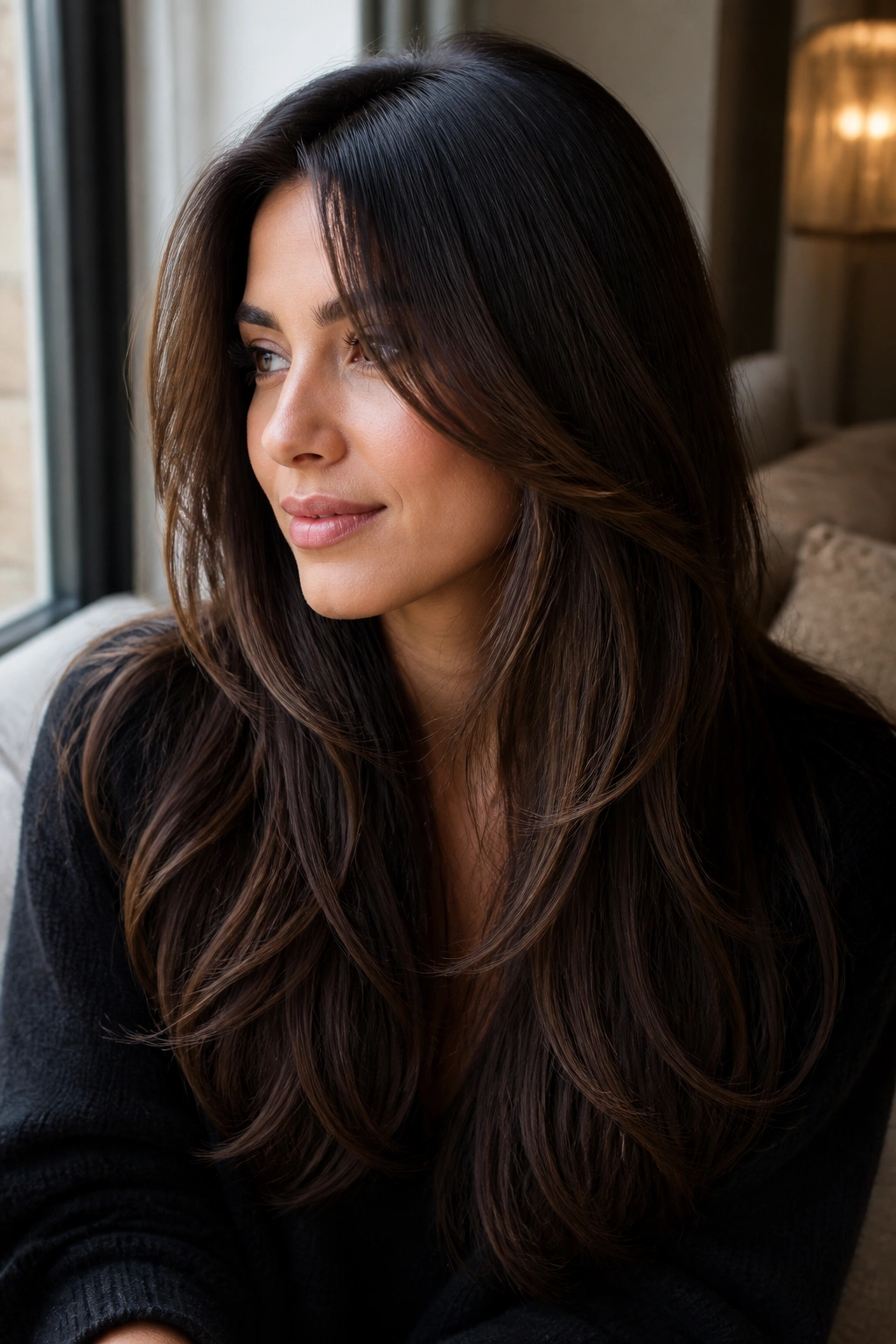 Close-up portrait of a real woman with espresso and mocha dimension hair and deep brown tones.