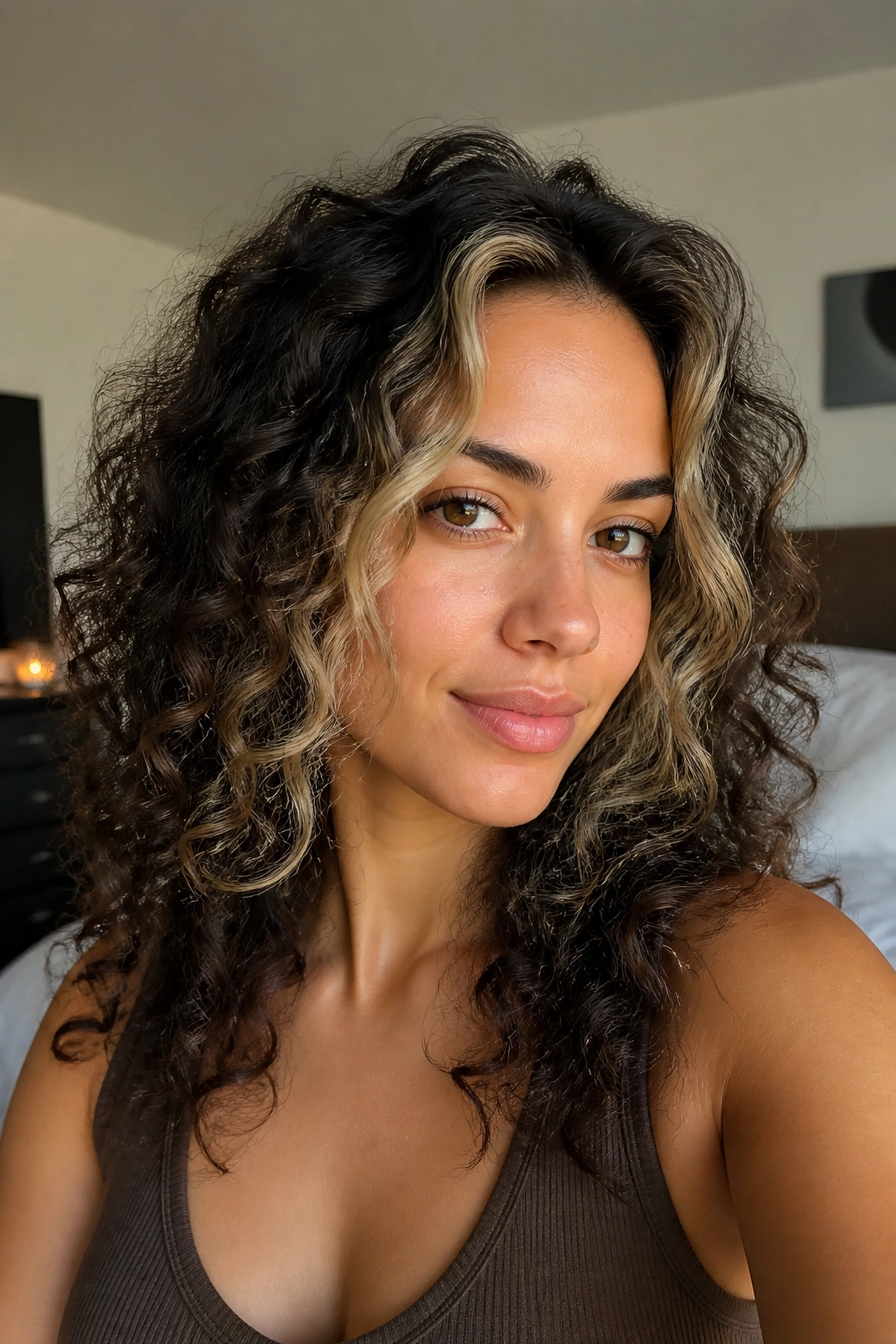 Close-up of a real woman with espresso and mocha lowlights and light front pieces on curly hair