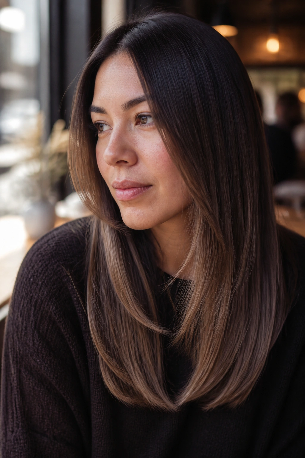 Close-up portrait of a real woman with espresso to mocha melt ombre on brunette hair